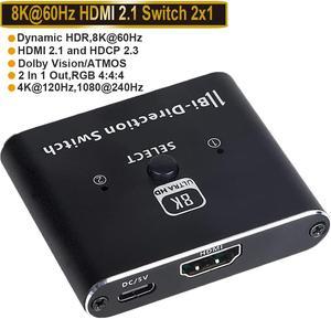8K 4K 120Hz HDMI 2.1 Switcher Splitter, Bi-Directional 1x2/2x1 , 2 Port HDMI Switcher Selector Box , Supports 8K@60Hz, 4K@120Hz, 4K@60Hz 48Gbps High Speed for PS4/5 Roku Xbox TV Monitor
