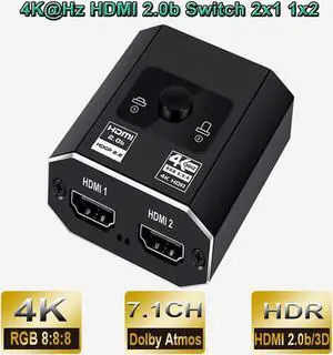 4K 18Gbps UHD HDMI Switch with HDMI Cable, 2 in 1 Out/1 in 2 Out Bi-Directional High Speed 18Gbps HDMI Switcher Support 4K@60Hz 1080p@120Hz for HDTV/Monitors/Laptops/PS5/Xbox and etc.
