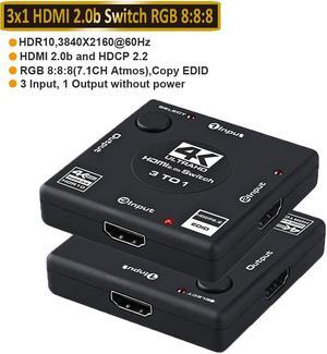 HDMI 2.0 Switch Splitter 3 Port 4K HDMI Switcher 3 in 1 Out HDMI Switches Selector Box with 3.9FT HDMI Cable Support HDCP 2.2 Support 4K@60Hz Ultra HD 3D 2160P 1080P