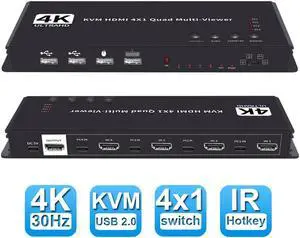 4K HDMI KVM Multiviewer Switch 4x1, HDMI Quad Seamless Switcher/Screen Divider 4 in 1 Out with IR Remote Control, Support 4K, 1080P, HDCP 1.4 and 5 Display Modes
