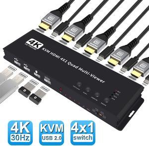 HDMI KVM Multi-viewer Switch 4x1, HDMI Quad Multi-Viewer Switcher 4 in 1 Out 4K@30Hz with 5 Viewing Modes for Security Camera PC Gaming Consoles