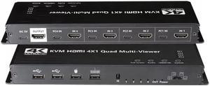 HDMI KVM Multiviewer Switch 4x1, HDMI Quad Multi-Viewer Seamless Switcher 4 in 1 Out,4K,3D,1080P, 5 Viewing Modes for Security Camera, PS4, Laptop, Monitor (Multiviewer 4K30Hz)