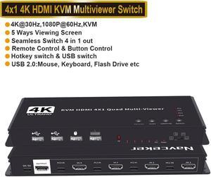 HDMI 4x1 Multi-viewer kvm switcher 4K Seamless Quad Screen Real Time Multi Viewer Splitter 4 in 1 out HDMI Switch Adapter with IR for Security Camera, PS4, Laptop, Monitor (Multiviewer 4K30Hz)