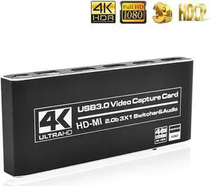 4K@60Hz Capture Card, 3X1 HDMI Video Capture Card to HDMI USB3.0/Type-C with with Mic&Audio & HDMI Loop-Out, Capture Card 4K 60fps for Streaming, Compatible with Nintendo Switch/Game Console/Phone