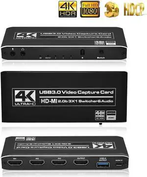4K@60Hz 3X1 HDMI Audio Video Capture Card with Mic&Audio, HDMI USB3.0/Type-C Capture Adapter Video Converter 4K 60fps for Video Game Recording Live Streaming Broadcasting,Support Nintendo Switch