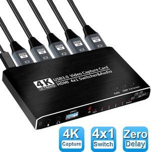 4K@30Hz 4x1 Audio Video Capture Card Seamless Switch,HD Video Capture,HDMI USB3.0 Video Grabber Device with Mic & Audio for Game Recording, Live Streaming Broadcasting