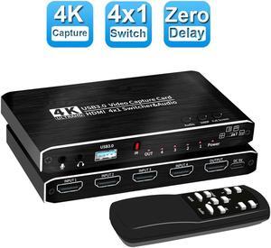 4x1 Audio Video Capture Card Seamless Switch with Mic & Audio 4K@30Hz HDMI Loop-Out, 4K 30fps Video Recorder for Gaming/Live Streaming/Video Conference, Works for Nintendo Switch/PS4/OBS/Camera/ PC