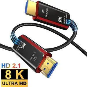 Long 8K Fiber Optic HDMI Cable 50 FT, 2.1 Unidirectional 48Gbps Ultra High-Speed Slim HDMI Braided Cord 8K60Hz 4K120Hz HDR/eARC HDCP 2.2/3D Compatible for PS5 and DVD Player, (Black+Red)