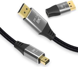 Mini DP To DP Cable 4K@144hz 8K@60Hz Thunderbolt Bi-direction DP 1.4 Cable with DP to Mini DP Adapter - 6.6ft/2m