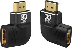 HDMI Male to Female Adapter Right Angle 8K@60Hz 4K@120Hz, 2 Pack Flat 90 Degree and 270 Degree HDMI Extender Connector Up and Down Angle Converter for Fire Stick TV Roku Monitor Laptop Projector PS5