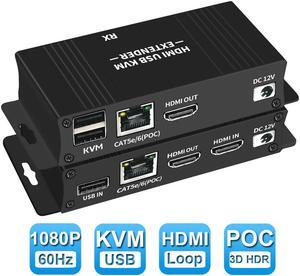 HDMI KVM USB Extender 1080P@60Hz KVM Extender Over Cat5e/Cat6 Up to 60m (196Ft), 2 Ports USB,Lossless or Zero Latency, Plug&Play(Point to Point KVM Extender)