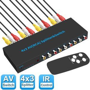 4 Way 3 RCA Switch Splitter Composite Video Audio Distribution for DVD Player, SNES, N64, PS2/3 Game Consoles (4 in 3 Out)