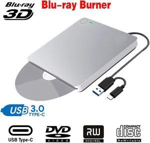Blu-Ray Burner Player Drive USB3.0/Type-C Portable CD/DVD Player for Laptop CD Drive Reader Writer Burner with One Touch Pop up Compatible with Laptop Desktop PC Windows Linux Apple Mac