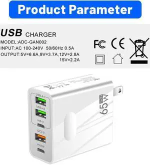 65W GaN USB C Quick Charger QC4.0 QC PD 3.0 TypeC 5 Port Supercharge Plug For iPad iPhone Huawei Samsung Xiaomi Universal Fast Charger - White