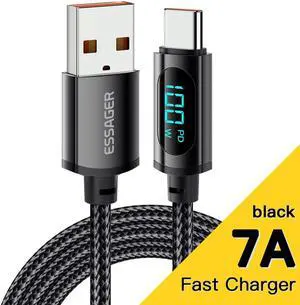 [6.6ft, 1-pack] Jansicotek USB A to USB C Cable 7A PD 100W LED Display Cable QC5.0 Super Fast Charging Type-C Phone Nylon Braided Charger Cord 480Mbps Data for iPad MacBook Samsung Galaxy Pixel PS5