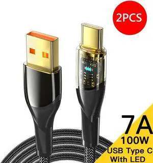 [6.6ft, 2-pack] Jansicotek USB A to USB C Cable 7A PD 100W Transparent Cable QC4.0 Super Fast Charging Type-C Phone Nylon Braided Charger Cord 480Mbps Data for iPad MacBook Samsung Galaxy Pixel PS5