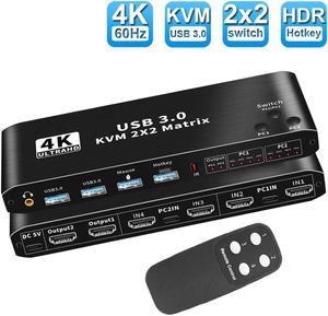 2X2 Matrix HDMI KVM Switch Dual Monitor HDMI + USB-C 4K@60Hz 2 in 2 Out KVM Switch 2 Monitors 2 Computers,with Keyboard, Mouse Output and 2 USB3.0 Ports, PC Monitor Keyboard Mouse Switcher