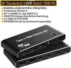 USB C KVM Switch 8K@60Hz 4K@120Hz, 2 in 1 Out Type-C KVM Switch 100W Power Delivery for 2 Computers Share 1 HDMI/DisplayPort Monitor, 3 USB Devices, 3.5mm Audio,2 USB-C Cables Included