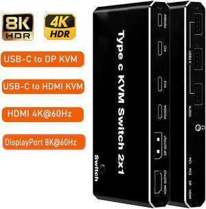 2x1 USB C KVM Switch, 8K USB Switch, 2 USB-C to HDMI/DP Output + 3X USB KVM Ports + 3.5mm Audio, Share 2 Computers one Monitor Switch,Supports 8K 60Hz,4K 120Hz, 100W Power Delivery