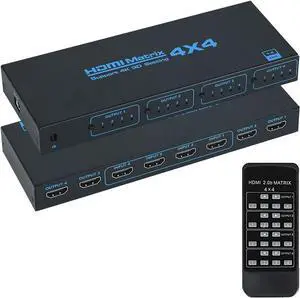 Jansicotek 4K 4x4 HDMI-compatible Matrix Switch Switcher Splitter 4 In 4 Out Box with IR Remote Control Support 4K@30Hz 3D 10.2Gbps, HDMI 1.4, 1080P@60Hz, 3D, YUV 4:2:0