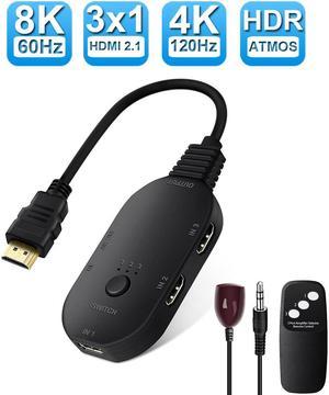 8K@60Hz HDMI Switch with Remote Control, 3 Port HDMI Switch 3 in 1 Out, 3x1 HDMI2.1 Switch Box, Supports HDCP 2.3, UltraHD, HDR 10, 8K HDMI Selector Switcher for Game Consoles, Fire Stick