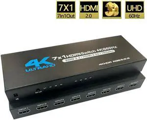 HDMI Switch 7 in 1 Out,  7x1 Power HDMI Switch 7 Ports w/Remote Control, 4Kx2K@60Hz 3D Full HD Distributor for PS4 Fire Stick HDTV