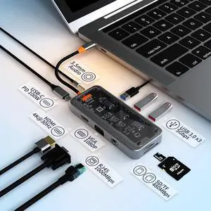 Transparent  USB C Laptop Docking Station, 10 in 1 Type C Hub Multiport Adapter Dongle with4k HDMI, VGA, 100w PD, 1000M Ethernet, SD/TF, 3*USB A Ports, Mic/Audio, Compatible for Laptops