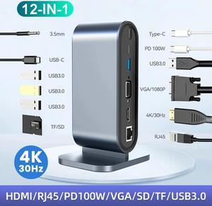 Vertical Docking Station, USB C Adapter, 12 in 1 Multiport Dongle with HDMI 4K, Ethernet,VGA, 4 USB3.0, 100W PD, SD/TF Card Reader,3.5mm Audio, USB-C data portfor MacBook Pro Air Type C Laptops