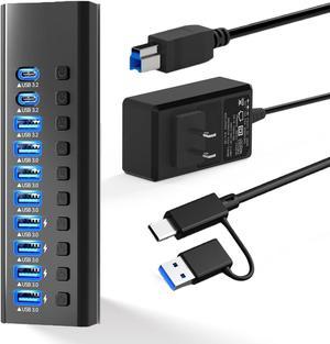 Powered USB Hub 3.0, 10-Port USB A/C Splitter Hub with Individual On/Off Switches and 12V Power Adapter USB Extension for MacBook, Mac Pro/Mini and More