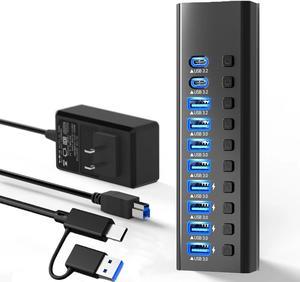 Powered USB Hub 3.0, Data 7 Ports USB3.0 Ports, 10Gbps USB-A 3.2 and 2 USB-C 3.2 Multi USB 3.0 Splitter with Individual LED Switches Power Adapter for Laptop Computer PC PS4 Flash Drive HDD