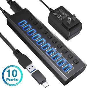 Powered USB Hub 3.0, Data 10 Ports USB3.0 Ports, 4 Smart Charging Multi USB 3.0 Splitter with Individual LED Switches Power Adapter for Laptop Computer PC PS4 Flash Drive HDD