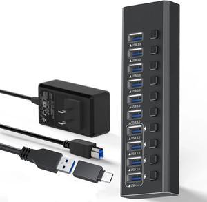 Powered USB Hub, 10-Port 48W USB 3.0 Splitter (10 USB3.0 Data Transfer Ports with 4 Smart Charging), Individual On/Off Switches, 12V Power Adapter for Laptop, PC