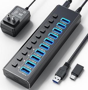 Powered USB Hub 3.0, 10-Port USB 3.0 Splitter Hub with Individual On/Off Switches and 12V Power Adapter USB Extension for MacBook, Mac Pro/Mini and More