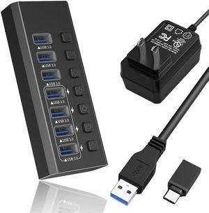 Powered USB Hub 3.0, Data 7 Ports USB3.0 Ports, 4 Smart Charging Multi USB 3.0 Splitter with Individual LED Switches Power Adapter for Laptop Computer PC PS4 Flash Drive HDD