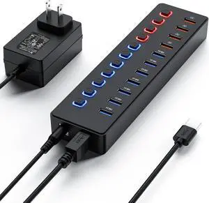 Powered USB Hub, 11-Port USB 3.0 Hub (7 Faster Data Transfer Ports+ 4 Smart Charging Ports), Individual Switches and 12V/3A Power Adapter, USB Port Expander for Laptop/PC, U11HUB