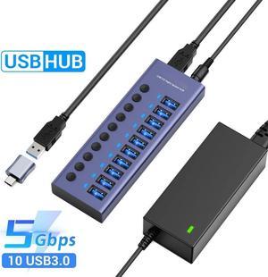 Powered USB 3.0 Hub,  10 Ports USB Data Hub Splitter Aluminum with Individual ON/Off Switches and 12V/5A Power Adapter USB Extension for Mouse, Keyboard, Hard Drive or More USB Devices