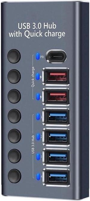Powered USB 3.0 Hub,  7 Ports USB Data Hub Splitter [4 USB 3.0 Data Transmission Ports + 2 Smart Charging Ports + 1 PD Charging Port] USB Extension for Mouse, Keyboard, Hard Drive or More USB Devices