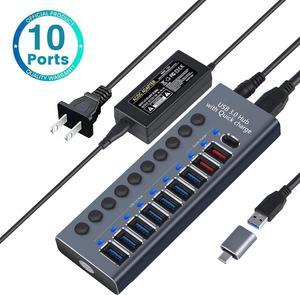 Powered USB Hub 3.0, Aluminum 10 Port USB 3.0 Data Hub Splitter with Smart Charging Ports and Individual On/Off Switches for Mouse, Keyboard, Hard Drive or More USB Devices
