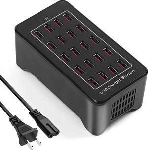 20-Port 100W (20 A) USB Charging Station, Home-Sized Desktop USB Fast Charger, Multiple USB Desktop Chargers for Hotels, Schools, Shops, Shopping malls and Travel - Black