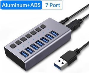 Powered USB Hub 3.0,  Data 7 Ports and USB Charging 7 Port Multi USB 3.0 Splitter with Individual LED Switches Power Adapter 4FT Extender Long Cable for Laptop Computer PC PS4 Flash Drive