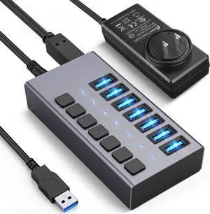 Powered USB Hub 3.0, 7-Port USB 3.0 Hub [Durable Aluminum] 7 Ports Data Transfer Ports+ Charging with Individual On/Off Switches, USB Hub 3.0 Powered with Power Adapter for Laptop PC