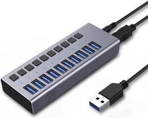 Powered USB 3.0 Hub10 Ports 48W Powered USB Hub Aluminum USB Splitter with Individual On/Off Switches and 12V/4A Power Adapter for PC, Laptops, MacBook Pro/Air, iMac