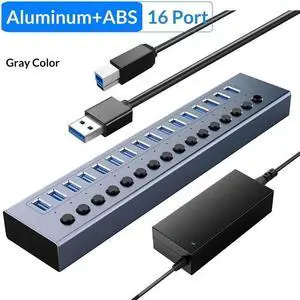 Powered USB Hub 3.0, 16-Port USB 3.0 Hub [Durable Aluminum] 16 Ports Data Transfer Ports+ Charging with Individual On/Off Switches, USB Hub 3.0 Powered with Power Adapter for Laptop PC