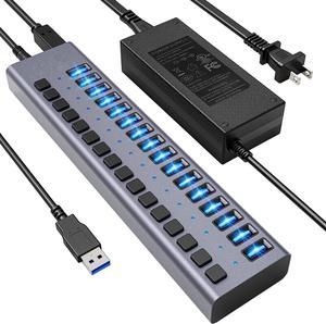 Powered USB Hub 3.0,Aluminum 16-Port USB Data Hub Splitter with 16 Data HUB and Charging Port and Individual On/Off Switches and 12V/7.5A Power Adapter for MacBook, Mac Pro/Mini and More.