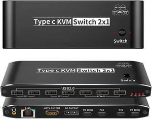 8K USB C KVM Switch 8K@60Hz 4K@120Hz, USB C KVM Switch with and 100W Power Delivery for 2 Computers Share 1 Monitor(DP/HDMI Output) and 7 USB Devices,3.5mm Audio, Ethernet