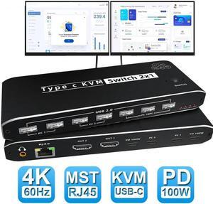 2X1 USB-C KVM Switch 2 PCs Share 1 Monitor + 7 USB Devices + 3.5mm Audio + Ethernet , 8K@60Hz USB C KVM Switch 100W PD , 2 Channel Type C PC to one HDMI/DP Output for Mac, Windows