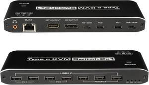 2x1 USB-C KVM Switch 8K, USB C KVM Switch 100W PD for 2 Computers Sharing 7 Ports Mouse Keyboard Printer + 3.5mm Audio + Ethernet to One HD Monitor, For Computers, Laptops, Game Consoles.