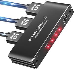 4K 120Hz HDMI Splitter 1 in 2 Out, 1x2 Power HDMI Splitter 2 Ports w/AC Adapter, 8K@60Hz 3D Full HD Distributor Support 48Gbps, HDCP 2.3, RGB 4:4:4  for HDTV, STB, DVD, PS3, Projector Etc