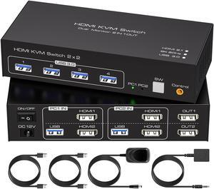 KVM Switch 2 Monitors 2 Computers, 8K@60Hz Dual Monitor HDMI KVM Switch 2 Port for Extended & Duplicate Mode and USB3.0 Hub with Cable and Desktop Controller
