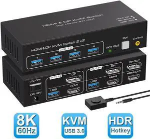 2 Port Dual Monitor KVM Switch HDMI2.1 DP1.4 Support 8K@60Hz, USB 3.0 HDMI DP KVM Switch 2 Monitors 2 Computers with Cables, Digital Display, Wired Remote